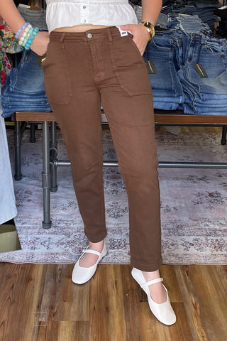 Judy Blue Denim High Waist Aurora Weekender Straight Leg Jeans in Mahogany brown with deep utility pockets and side knee darks jb881196 front view