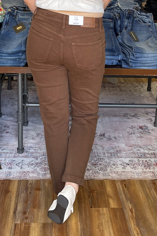 Judy Blue Denim High Waist Aurora Weekender Straight Leg Jeans in Mahogany brown with deep utility pockets and side knee darks jb881196 back view