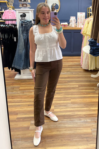 Judy Blue Denim High Waist Aurora Weekender Straight Leg Jeans in Mahogany brown with deep utility pockets and side knee darks jb881196 mirror selfie