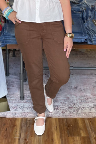 Judy Blue Denim High Waist Aurora Weekender Straight Leg Jeans in Mahogany brown with deep utility pockets and side knee darks jb881196 front view
