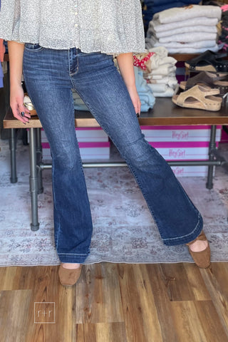 Front view of Judy Blue 82637 dark wash trouser flare jeans showing the full flare leg