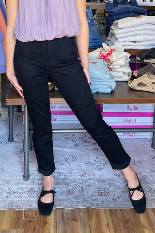 Judy Blue High Waist Aurora Weekender Jeans in Jet Black JB881217 front view with double rolled cuff, styled with an ee:some lavender bubble hem sleeveless top and Corkys Layover black ballet flats