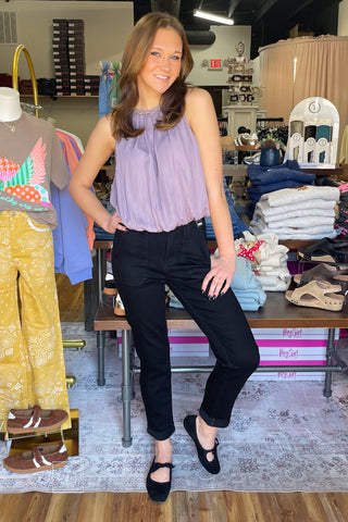 Judy Blue High Waist Aurora Weekender Jeans in Jet Black JB881217 full length front view, worn with an ee:some lavender bubble hem sleeveless top and Corkys Layover black ballet flats