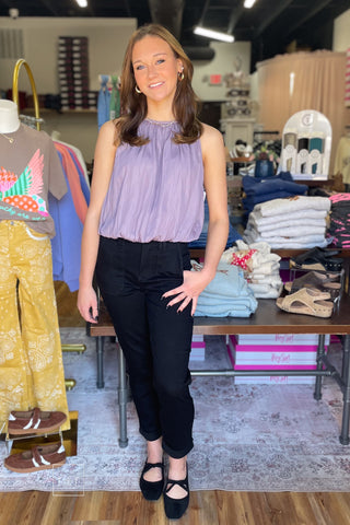 Judy Blue High Waist Aurora Weekender Jeans in Jet Black JB881217 full length front view showing the slim straight leg, styled with an ee:some lavender bubble hem sleeveless top and Corkys Layover black ballet flats