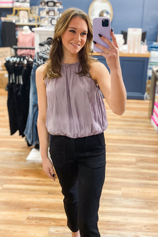 Judy Blue High Waist Aurora Weekender Jeans in Jet Black JB881217 mirror selfie with an ee:some lavender bubble hem sleeveless top and Corkys Layover black ballet flats