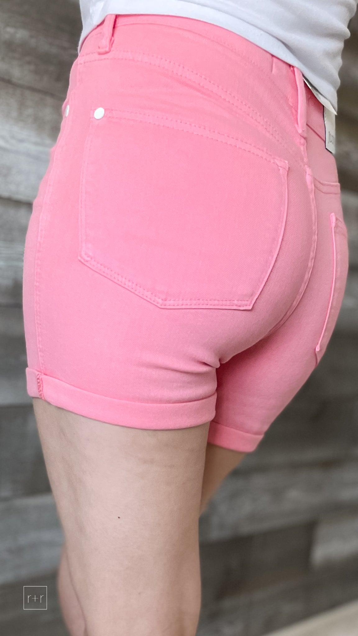 judy blue high waist garment dyed pink cuffed shorts tummy control top JB150285REG PK