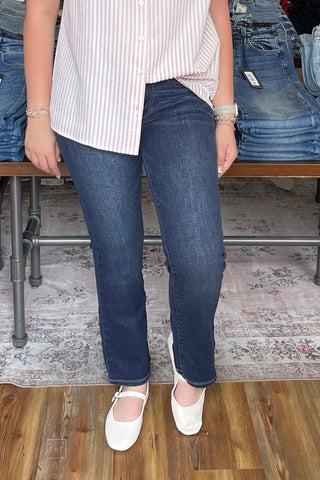 Judy Blue Mid Rise Petite Bootcut Dark Wash Jeans with contrast stitching JB82586 PT DK front view