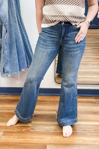Judy Blue Jeans Petite High Rise Tummy Control Flare Denim JB881018-PT Medium Wash Double Button Waistband