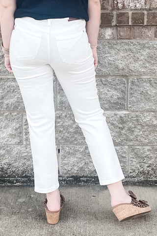 Judy Blue Tummy Control High Waist Ankle Length Straight Leg White Jeans JB881070 regular and plus sizes available