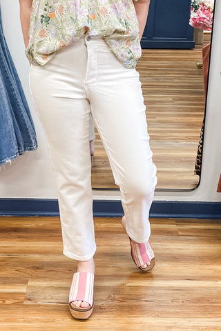 Judy Blue Tummy Control High Waist Ankle Length Straight Leg White Jeans JB881070 regular and plus sizes available