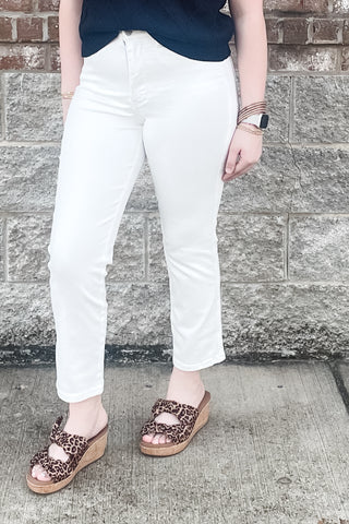 Judy Blue Tummy Control High Waist Ankle Length Straight Leg White Jeans JB881070 regular and plus sizes available