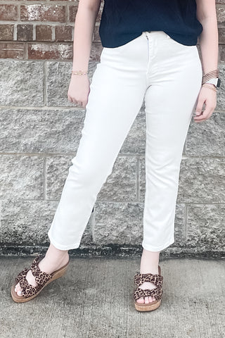 Judy Blue Tummy Control High Waist Ankle Length Straight Leg White Jeans JB881070 regular and plus sizes available