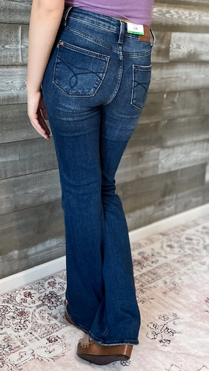 judy blue high waist tummy control top back pocket embroidered bootcut jeans long tall inseam JB88786 DK