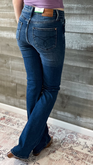 judy blue high waist tummy control top back pocket embroidered bootcut jeans long tall inseam JB88786 DK