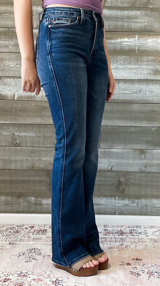 judy blue high waist tummy control top back pocket embroidered bootcut jeans long tall inseam JB88786 DK