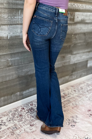 judy blue high waist tummy control top back pocket embroidered bootcut jeans long tall inseam JB88786 DK