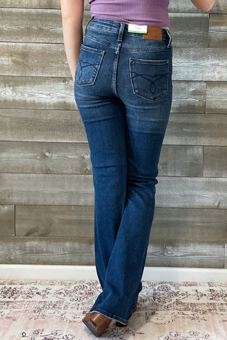 judy blue high waist tummy control top back pocket embroidered bootcut jeans long tall inseam JB88786 DK