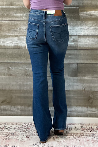 judy blue high waist tummy control top back pocket embroidered bootcut jeans long tall inseam JB88786 DK