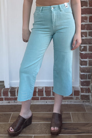 Judy Blue High Waist Cropped Wide Leg Jeans with raw hem in Light Blue Sky JB88984 robins egg blue