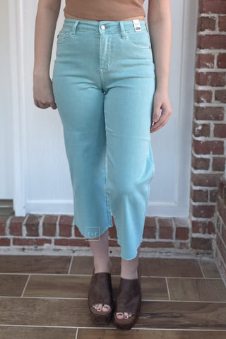 Judy Blue High Waist Cropped Wide Leg Jeans with raw hem in Light Blue Sky JB88984 robins egg blue