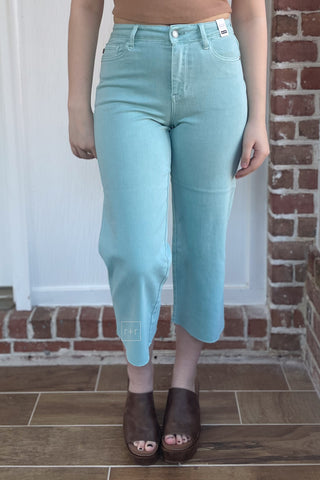 Judy Blue High Waist Cropped Wide Leg Jeans with raw hem in Light Blue Sky JB88984 robins egg blue