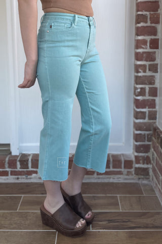 Judy Blue High Waist Cropped Wide Leg Jeans with raw hem in Light Blue Sky JB88984 robins egg blue