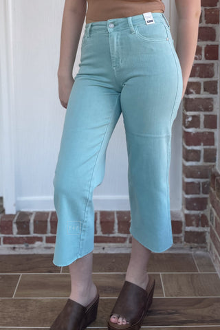 Judy Blue High Waist Cropped Wide Leg Jeans with raw hem in Light Blue Sky JB88984 robins egg blue