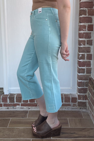 Judy Blue High Waist Cropped Wide Leg Jeans with raw hem in Light Blue Sky JB88984 robins egg blue