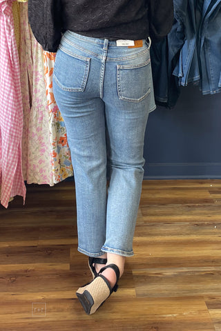 Judy Blue Jeans High Waist Tummy Control Peggy Ankle Straight Denim in Break Through Blue medium wash 881166REG regular length back view