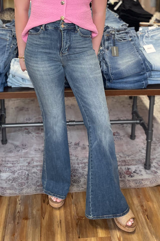 Judy Blue High Waist Tummy Control Jaqueline Flare Jeans JB881125REG high rise denim with double button and shield pockets in vintage dark wash