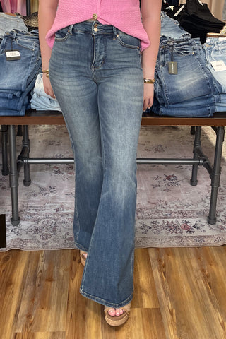 Judy Blue High Waist Tummy Control Jaqueline Flare Jeans JB881125REG high rise denim with double button and shield pockets in vintage dark wash