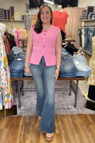 Judy Blue High Waist Tummy Control Jaqueline Flare Jeans JB881125REG high rise denim with double button and shield pockets in vintage dark wash
