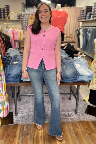 Judy Blue High Waist Tummy Control Jaqueline Flare Jeans JB881125REG high rise denim with double button and shield pockets in vintage dark wash