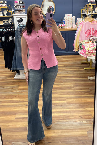 Judy Blue High Waist Tummy Control Jaqueline Flare Jeans JB881125REG high rise denim with double button and shield pockets in vintage dark wash