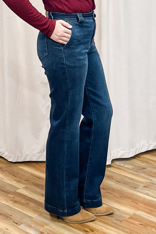 Judy Blue High Waist Trouser Wide Leg Jeans Short Petite Friendly, Regular, Long & Tall Inseam JB82678 dk