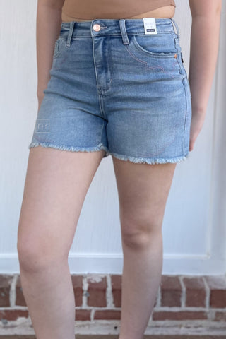 Judy Blue High Waist Western Embroidery Cut Off Jean Shorts Light Wash Denim JB150147REG LT