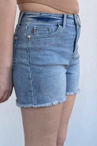 Judy Blue High Waist Western Embroidery Cut Off Jean Shorts Light Wash Denim JB150147REG LT