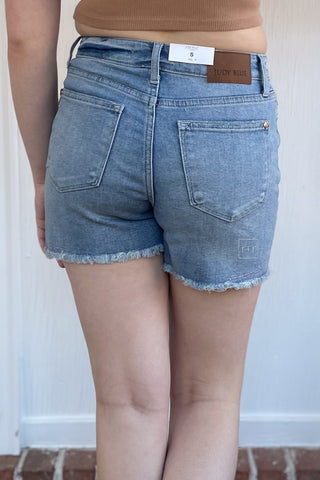 Judy Blue High Waist Western Embroidery Cut Off Jean Shorts Light Wash Denim JB150147REG LT