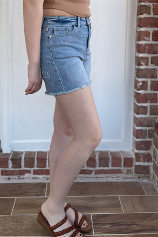 Judy Blue High Waist Western Embroidery Cut Off Jean Shorts Light Wash Denim JB150147REG LT