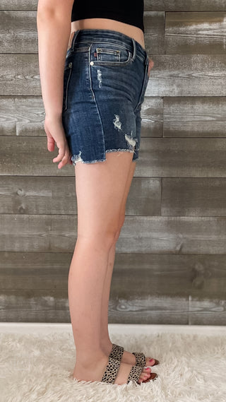 judy blue mid rise hi low cut hem destroyed shorts medium wash denim JB15253 MD