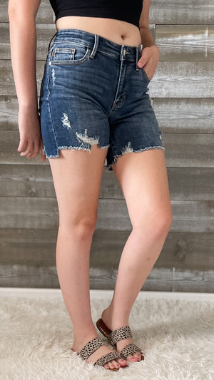 judy blue mid rise hi low cut hem destroyed shorts medium wash denim JB15253 MD