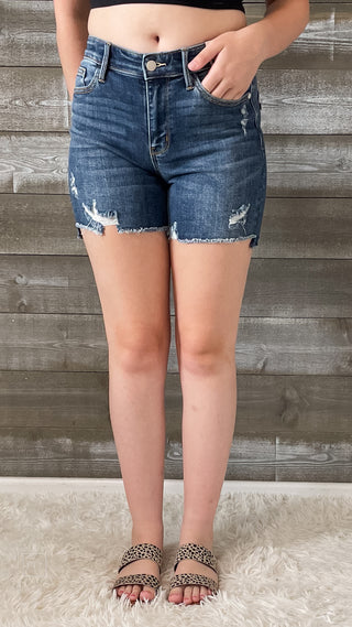 judy blue mid rise hi low cut hem destroyed shorts medium wash denim JB15253 MD