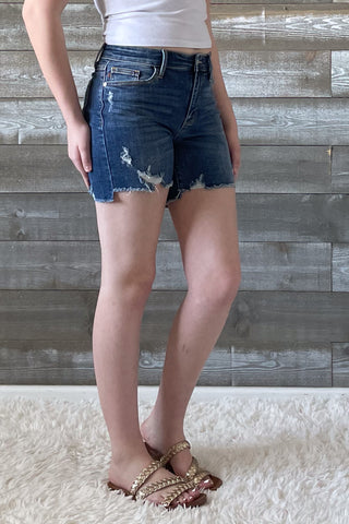 judy blue mid rise hi low cut hem destroyed shorts medium wash denim JB15253 MD
