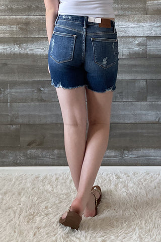 judy blue mid rise hi low cut hem destroyed shorts medium wash denim JB15253 MD