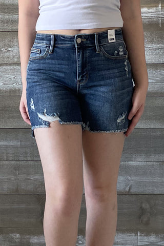 judy blue mid rise hi low cut hem destroyed shorts medium wash denim JB15253 MD