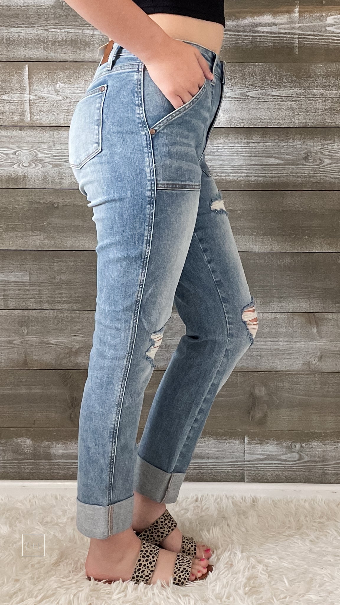 judy blue high waist patch pocket destroyed boyfriend jeans medium JB88825REG MD