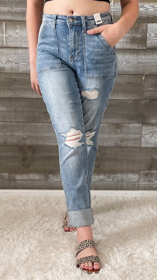 judy blue high waist patch pocket destroyed boyfriend jeans medium JB88825REG MD