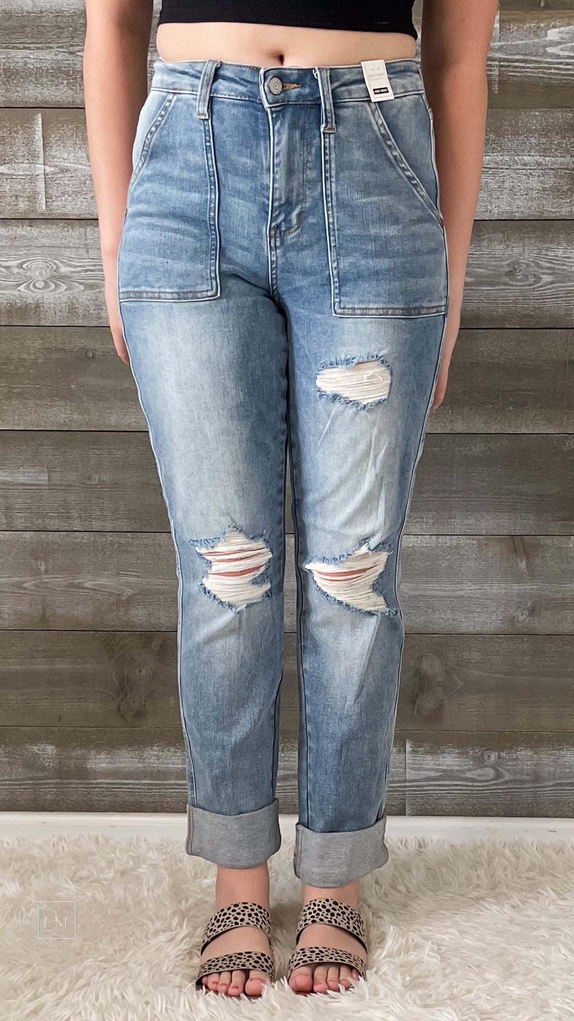 judy blue high waist patch pocket destroyed boyfriend jeans medium JB88825REG MD