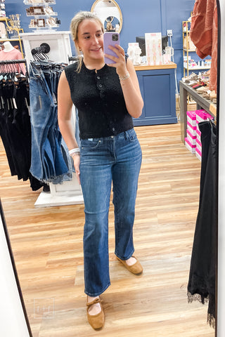 Judy Blue petite tummy control straight leg jeans 88861PT, dark wash denim worn cropped