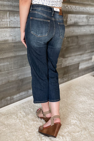 judy blue mid rise tummy control top cropped wide leg jeans dark wash JB88876